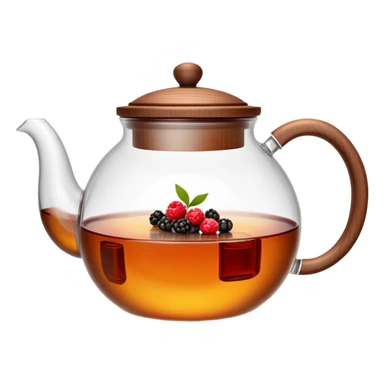 A cinematic realistic emoji with an attractive image of a transparent teapot with a realistic wooden lid filled with tea with berries, rich texture and warm, festive lighting. sticker