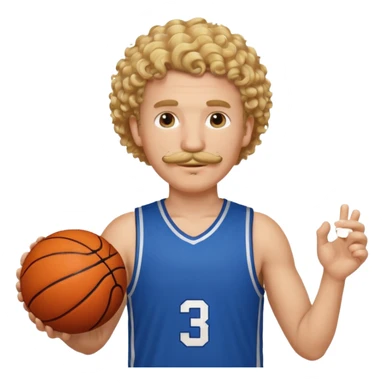 white blonde curly hair man basketball player blue jersey with mustache holding basket ball sticker