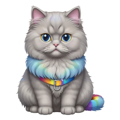 gray Persian cat full body sitting with blue eyes and rainbow belt sticker