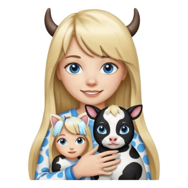 Apple-style emoji sticker of a young woman with long blond hair and straight bangs, blue eyes , holding a black-and-white cow-pattern cat on her chest, both smiling.  sticker