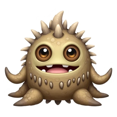 My Singing Monsters Dust element monster, sandy cracked body, muted brown-gray colors, drifting dust particles, cute cartoon style sticker