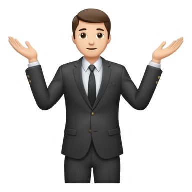 Sticker of a man in a business suit, front view, both arms extended in front of his body at waist level, below chest, hands low near the stomach, elbows slightly bent, palms facing inward as if holding an invisible box, not raised, not upward sticker