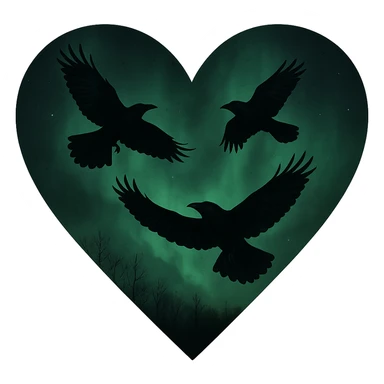  heart with green night sky and dark ravens, remove background sticker