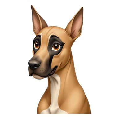 Cinematic Comical Fawn Great Dane Portrait Emoji, Head tilted dramatically with an exaggeratedly amused expression, featuring a sleek fawn coat with a subtle dark mask, wide, expressive amber eyes filled with playful disbelief, Simplified yet hilariously expressive features, highly detailed, glowing with a slightly sassy glow, high shine, dramatic yet playful, stylized with an air of cheeky mischief, bright and endearing, soft glowing outline, capturing the essence of a spirited and over-the-top guardian, so meme-worthy it feels like it could side-eye its way into internet fame instantly! sticker