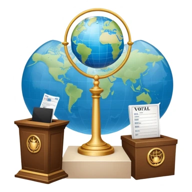 An icon featuring a podium with a speaker, a ballot box with a voting slip, and a globe, symbolizing political science. The design includes scales of justice and a world map in the background, representing governance and global politics. Transparent background highlights political analysis. sticker