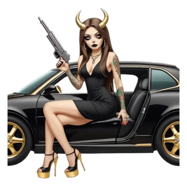 Sensual woman long brown straight haired sexy drug lord woman with tattoos on arm sleeves and black thick butt platform high heels on her feet, and devil black horns on her head, she is holding a skull head and a gun. Sitting on gold car full of cash , long black dress with sexy slit sticker