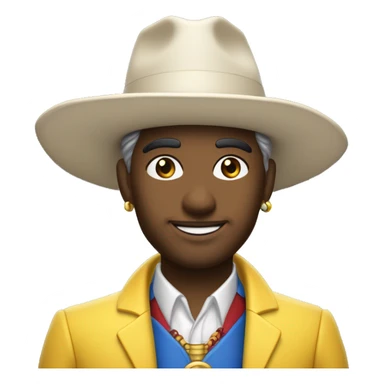 uma personagem animada de palhaço arlequim com um traje azul, vermelho e amarelo, chapéu típico com bolinhas amarelas nas pontas, rosto branco com bochechas rosadas, olhos grandes com pupilas de estrela, e um sorriso travesso sticker