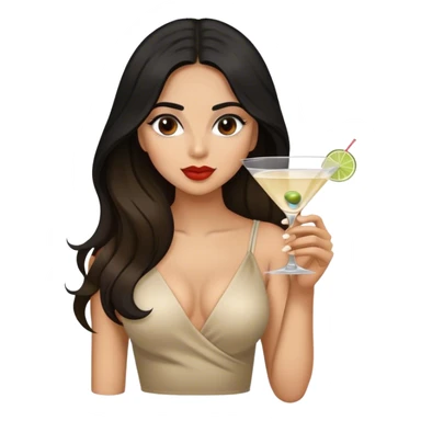 black haired female Hispanic looking drinking martini l be ong hair brown balayage  sticker