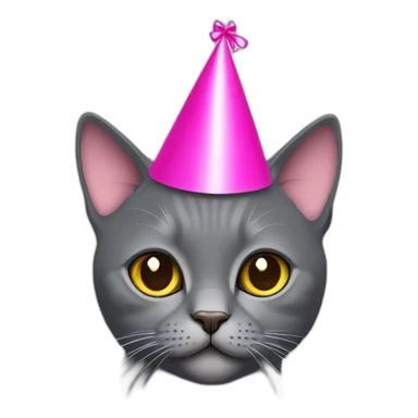 Dark Grey British short hair cat wearing a pink party hat sticker