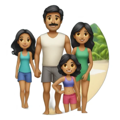Indian family of 4 people, dad black hair, mom black hair, 1 girl child and 1 boy child and 2 daughters on a beach sticker