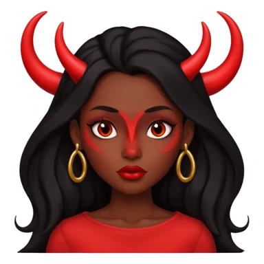 A skin red girl's face with cheekbones, long black hair, small red horns, big lips sticker