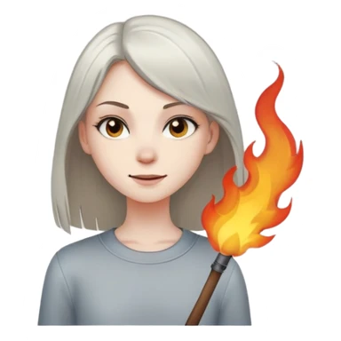 girl with a mischievous smirk standing in the foreground, while small flames or smoke rise in the background. The character has straight hair and a confident expression. sticker
