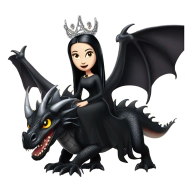 Lavish Victorian evening gown, young Morticia Addams Jedi wearing a mini tiara, riding on the back of a very large black shiny evil-looking fire-spewing horned dragon sticker