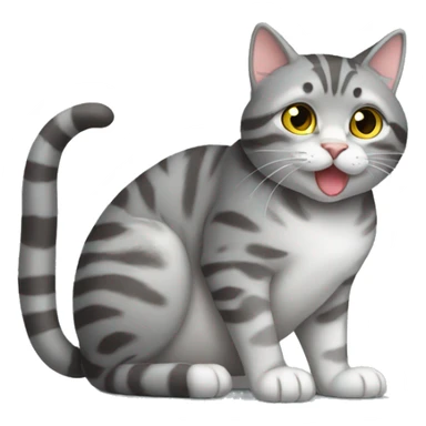 Grey tabby cat full body sitting licking paw sticker