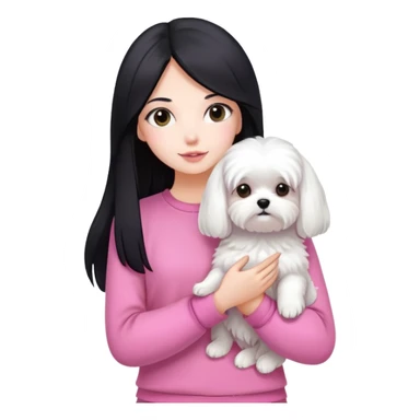 Beautiful girl with long straight black hair, fair skin, wearing pink clothes, holding a pure white fluffy Maltese dog sticker