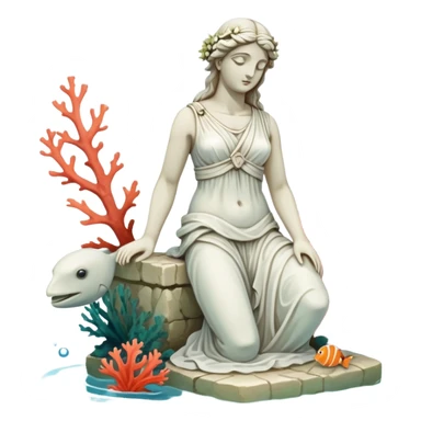 sunken white female greek statue, broken, include water and coral in the sea, sea weed, some sea animals sticker