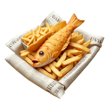 Cinematic Realistic Fish and Chips Dish Emoji, depicted with crispy golden battered fish and chunky hand‚Äêcut chips served in traditional newspaper wrapping, rendered with mouth‚Äêwatering texture and warm natural lighting that captures its quintessential British charm. sticker