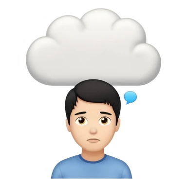 A thinking black hair male person with a white empty thought cloud sticker