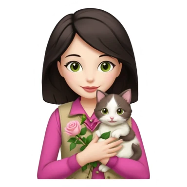 Make me an iphone avatar sticker of a woman with slightly brown black wavelength hair, dark brown eyes, slightly yellow white skin, pink lips, brown clothes and cream vest with a rose flower motif who is smiling and hugging a white kitten with green eyes. sticker