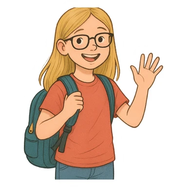 6th grade girl with blonde hair and glasses, waving, wearing a backpack sticker