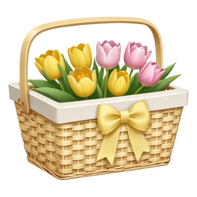 A white Picnic basket with yellow pastel bow, white peonie, tulips sticker