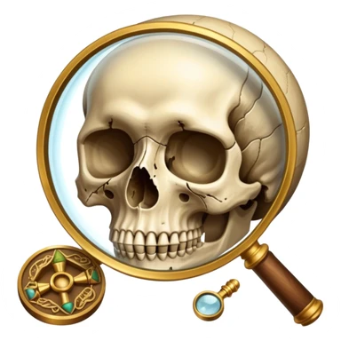 An icon showing a skull and ancient artifacts, representing anthropology. The design features a magnifying glass examining bones, fossils, and cultural symbols, symbolizing the study of human evolution and societies. Transparent background emphasizes the academic and exploratory nature. sticker