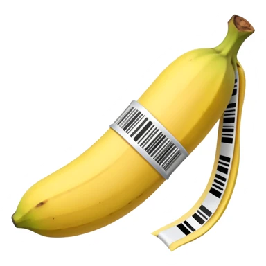 spam can with a barcode as a tie, holding a silenced banana sticker