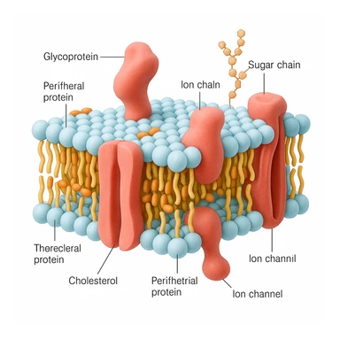 A highly detailed, scientifically accurate cross-section of a biological cell membrane (lipid bilayer) on a white background, ultra-realistic 3D illustration. Show the phospholipid bilayer with hydrophilic heads (round, polar) facing outward and hydrophobic tails (chains) inside. Include embedded proteins (integral and peripheral), cholesterol molecules (small, rigid), glycoproteins with sugar chains, and ion channels. The style should be clean, lab-textbook style, with subtle shadows and depth. Use a color scheme: light blue for hydrophilic heads, yellow for hydrophobic tails, red/pink for proteins, and orange for cholesterol. Microscope-like precision, no artistic stylization. sticker