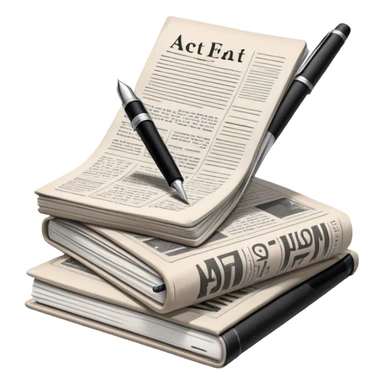 Create an emoji representing journalism and publicistic writing. The design should feature a stack of newspapers, an open notebook with visible text, and a single fountain pen placed near the notebook, symbolizing the act of writing. Use neutral, professional colors like black, white, and muted tones to convey a sense of seriousness and intellect. Do not include any emojis or smiley faces. Make the background transparent. sticker