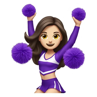 Caucasian cheerleader with long dark brown hair, jumping and holding up two purple Pom poms, small full body emoji sticker