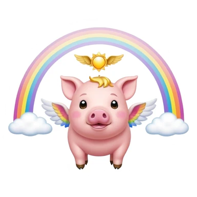 angelic pig with glowing halo flying over rainbow bridge sticker