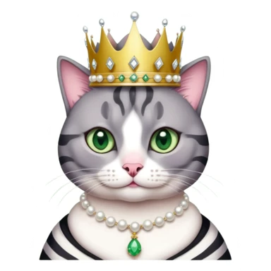 Gatito gris oscura con rayas negras ojos verdes vestida de reina con coronas y diamantes, más peluda y gordita  sticker
