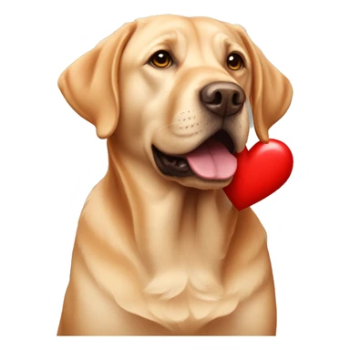 Red Labrador holding a heart sticker