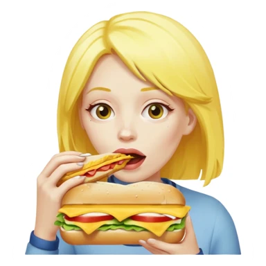 A woman with yellow hair and yellow skin eating a HUGE sandwich sticker
