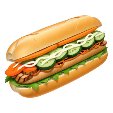 traditional banh mi with char grilled pork emoji 


    Very crusty baguette

    Mayo 

    Pickled carrot 

    Cucumber, coriander/cilantro, green onion, chilli 
 sticker