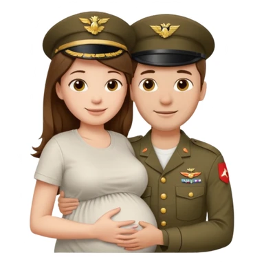 
"Pregnant woman with long brown hair and fair skin wearing a t shirt white and man with short brown hair and fair skin (without a mustache), wearing a brown military uniform, hugging and smiling."
 sticker