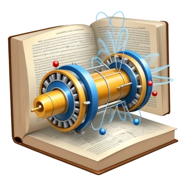 An icon featuring a physics textbook, a large Hadron Collider with particles flying off, symbolizing the study of physics. The design includes atomic models, energy waves, and scientific formulas, representing fundamental physical principles and research. Transparent background. sticker