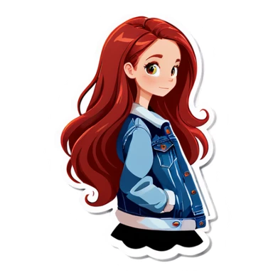 Girl with long red hair and a denim jacket sticker