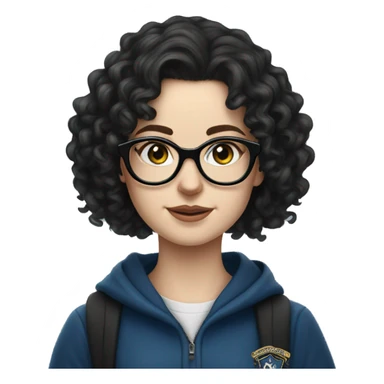 Hyper realistic White girl with long black curly hair and glasses wearing a ravenclaw school inform sticker