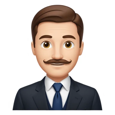 Caucasian gentleman emoji, slicked back brown hair, black suit, navy tie, smiling, mustache sticker