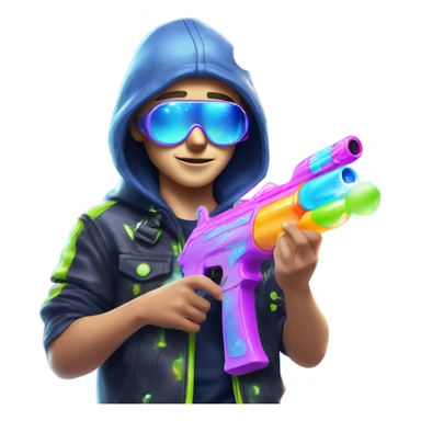 Caucasian boy in glowing rave outfit with mask, sunglasses, and headgear, shooting bubbles out of a water gun sticker