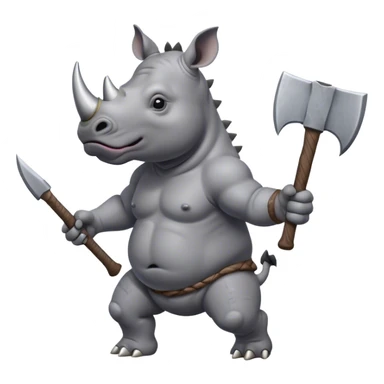 A rhino running on two legs with an axe in his hands, raised above his head sticker