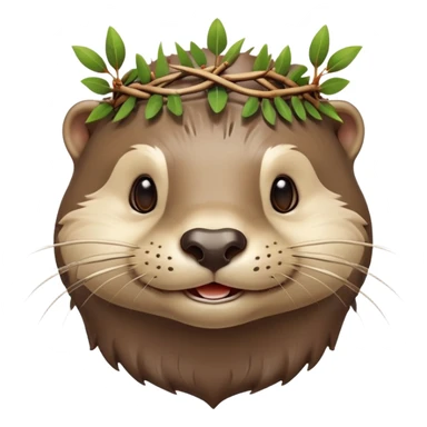 anthropomorphic smiling otter face in three-quarter profile view with simple thorny stem wrapped horizontally around its forehead like Jesus Christ's Crown of thorns, more human-like features, expressive eyes, human-like expressions, Apple emoji style, glossy finish sticker