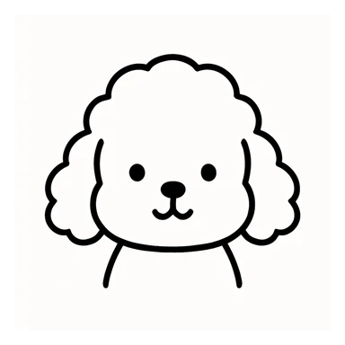 minimalist kawaii line art of a poodle-like dog head with a large, round, fluffy head, puffy curly ears hanging down, very simple face with two dot eyes, tiny round nose, upside-down 'Y' mouth. thick, bold, clean black lines on white, symmetrical, calm and sweet expression. no color or shading, just black linework. slightly hand-drawn but polished, child-friendly. sticker