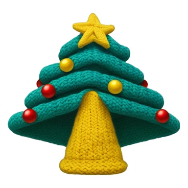 A knit hat like a Christmas tree，The bottom is wide enough for people to wear and has a yellow pentacle on top. The hat is divided into three parts horizontally by blue thread, and the whole hat has several small red, yellow and white wool balls. sticker
