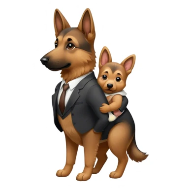 A German Shepard wearing suit with a baby on its back sticker