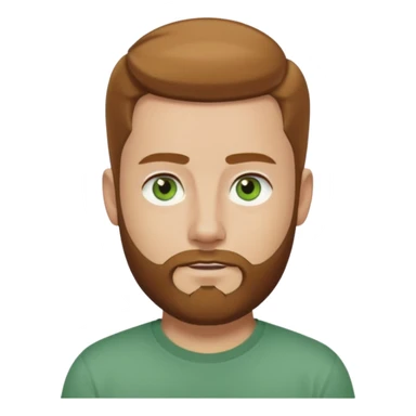 A young man with short light chestnut hair slicked back, a medium-length thick beard, and light green eyes. Fair skin, oval face, neutral expression. Wearing a dark t-shirt, plain light (white or gray) background. Shoulder-up front portrait. sticker