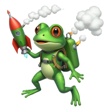 cute frog flying with a rocket pack, funny expression, rocket smoke trail, 3D cartoon, mobile game icon style, clean background, no text, no watermark sticker