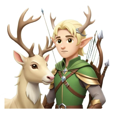 clash-of-clans-aesthetic-blond-male elf-archer-portrait-emoji, rendered in a flat, vector-style with minimal shading and bold holding his bow, simplified shapes, head tilted slightly forward with a determined, focused expression, riding a majestic white stag whose antlers glow with mystical energy, set against an ancient, enchanted forest backdrop. sticker