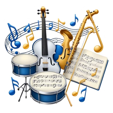 Create an artistic emoji that represents music arrangement and orchestration. The design should feature various orchestral instruments (drums, violin, electric guitar, synthesizer) and conductor's baton, musical scores. Incorporate flowing lines to represent harmony and orchestral balance, along with a subtle representation of sheet music. Use rich, classical colors like gold, silver, or deep blue, and create an atmosphere of sophistication and precision. The background should be transparent. sticker